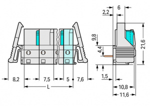 722-832/039-000 Розетка под пайку THT; 0.6 x 1.0 mm solder pin; угловые; 100% защита от неправильного подсоединения; Фиксирующий рычаг; Шаг контактов 7,5 мм; 2-пол.