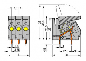 2706-152 Клемма на печатную плату; рычаг; 3; Шаг контактов 7,5 мм; 2-пол.; CAGE CLAMP; опция объединения