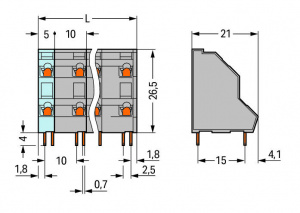 736-762 Двухуровневая клемма на печатную плату; 2,5 мм2; Шаг контактов 10 мм; 2 x 12-полюсов; CAGE CLAMP