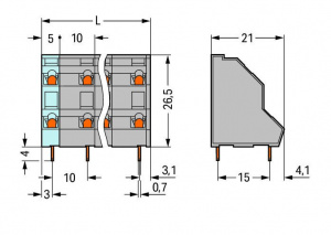 736-703 Двухуровневая клемма на печатную плату; 2,5 мм2; Шаг контактов 10 мм; 2 x 3-полюсов; CAGE CLAMP