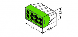 773-118 Соединитель PUSH WIRE для распределительных коробок; для одно- и многожильных проводников; макс. 2,5 мм2; 8-проводн.; прозрачный корпус; зеленая крышка; макс. рабочая темп. окр. среды 60 °C
