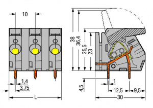 2706-259 Клемма на печатную плату; рычаг; 3; Шаг контактов 10 мм; 9-пол.; CAGE CLAMP; опция объединения
