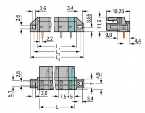 232-840/031-000 Розетка под пайку THT; 0.6 x 1.0 mm solder pin; угловые; зажимное кольцо; Шаг контактов 7,5 мм; 10-пол.
