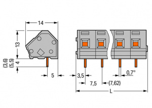 236-202 Клемма на печатную плату; 2,5 мм2; Шаг контактов 7,5/7,62 мм; 2-пол.; CAGE CLAMP; опция объединения