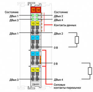750-531/000-800 4-канальный модуль дискретного вывода; тока; R *); 0,5 А; подключение со стороны высокого напряжения; защита от короткого замыкания; 2-проводное соединение