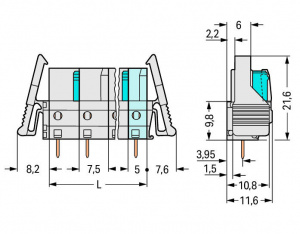 722-737/039-000 Розетка под пайку THT; 0.6 x 1.0 mm solder pin; угловые; 100% защита от неправильного подсоединения; Фиксирующий рычаг; Шаг контактов 7,5 мм; 7-пол.
