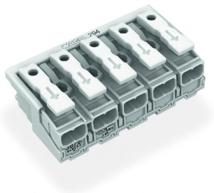 294-5005 Соединитель для светильников; нажимная кнопка, внешняя; без заземляющего контакта; 5-пол.; Стор. свет.: для одножильных проводников; Инст. стор.: для всех типов проводников; макс. 2,5 мм2; Темп. окруж. среды: макс. 85 °C (T85)