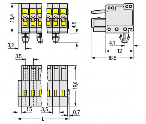 734-124/008-000 1-проводниковая розетка; 100% защита от неправильного подсоединения; Монтажные ножки; 1,5; Шаг контактов 3,5 мм; 24-пол.