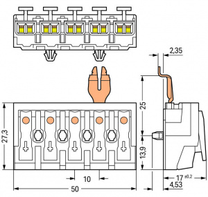294-5335 Соединитель для светильников; нажимная кнопка, внешняя; с защелкивающимся заземляющим контактом углового исполнения; DA+ DA- L PE N; 5-пол.; Стор. свет.: для одножильных проводников; Инст. стор.: для всех типов проводников; макс. 2,5 мм2; Темп. о
