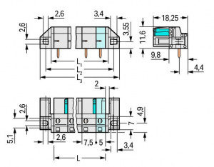 722-833/047-000 Розетка под пайку THT; 0.6 x 1.0 mm solder pin; угловые; 100% защита от неправильного подсоединения; Проходной фланец; Шаг контактов 7,5 мм; 3-пол.