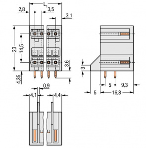 734-409/001-000 Двухуровневая вилка THT; 1.0 x 1.0 mm solder pin; угловые; 100% защита от неправильного подсоединения; Шаг контактов 3,5 мм; 18-пол.