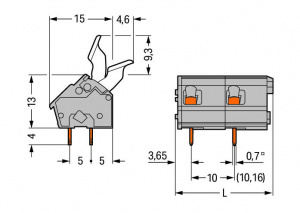 256-602/333-000 Клемма на печатную плату; кнопочные рычаги; 2,5 мм2; Шаг контактов 10/10,16 мм; 2-пол.; CAGE CLAMP; опция объединения