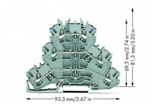 2002-3203 Трехуровневые клеммы; Проходные / проходные / проходные клеммы; L/L/N; без нанесения маркировки; подходят для исполнений Ex e II; Синее отв. для ввода пров., верх. уров.; для DIN-рейки 35 x 15 и 35 x 7,5; 2,5 мм2; Push-in CAGE CLAMP