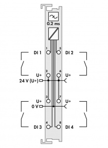 750-433 Модуль, 4 дискретных входа; тока; 0,2 мс; 2-проводное соединение