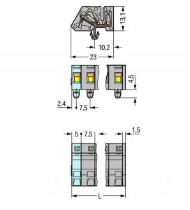 731-546/008-000 1-проводниковая розетка; угловые; Монтажные ножки; 2,5 мм2; Шаг контактов 7,5 мм; 16-пол.