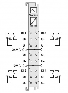 750-1421 Модуль, 4 дискретных входа; тока; 0,2 мс; 3-проводное соединение