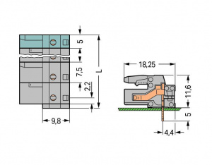 232-840 Розетка под пайку THT; 0.6 x 1.0 mm solder pin; угловые; Шаг контактов 7,5 мм; 10-пол.