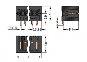 733-372/105-604/997-406 Вилка под пайку THR; 0.8 x 0.8 mm solder pin; угловые; 100% защита от неправильного подсоединения; упаковка в ленте на бобине; Шаг контактов 2,5 мм; 12-пол.