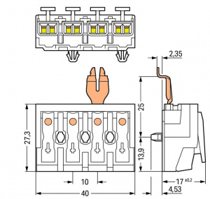 294-5324 Соединитель для светильников; нажимная кнопка, внешняя; с защелкивающимся заземляющим контактом углового исполнения; 1/L2-2/L-PE-N; 4-пол.; Стор. свет.: для одножильных проводников; Инст. стор.: для всех типов проводников; макс. 2,5 мм2; Темп. ок