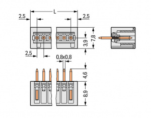 733-342 Вилка THT; 0.8 x 0.8 mm solder pin; прямые; 100% защита от неправильного подсоединения; Шаг контактов 2,5 мм; 12-пол.