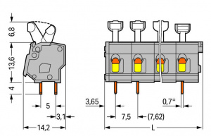 257-502 Клемма на печатную плату; нажимная кнопка; 2,5 мм2; Шаг контактов 7,5/7,62 мм; 2-пол.; CAGE CLAMP; опция объединения