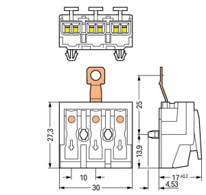 294-5423 Соединитель для светильников; нажимная кнопка, внешняя; с винтовым заземляющим контактом; 3-пол.; Стор. свет.: для одножильных проводников; Инст. стор.: для всех типов проводников; макс. 2,5 мм2; Темп. окруж. среды: макс. 85 °C (T85)