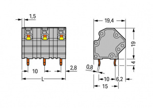 745-3203 Клеммная колодка для печатных плат, 2 вывода под пайку / контакт, 3-конт. Расстояние между выводами