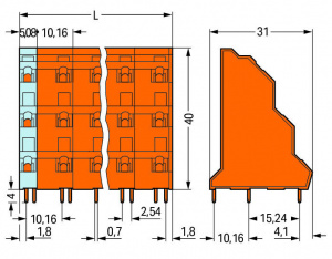 737-862 Трехуровневая клемма на печатную плату; 2,5 мм2; Шаг контактов 10,16 мм; 3 x 12-полюсов; CAGE CLAMP