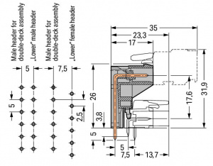 232-332 Вилка THT для двухуровневого монтажа; 1.0 x 1.0 mm solder pin; угловые; Шаг контактов 5 мм; 2-пол.