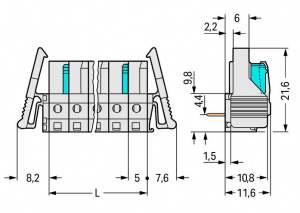 722-250/039-000 Розетка под пайку THT; 0.6 x 1.0 mm solder pin; угловые; 100% защита от неправильного подсоединения; Фиксирующий рычаг; Шаг контактов 5 мм; 20-пол.