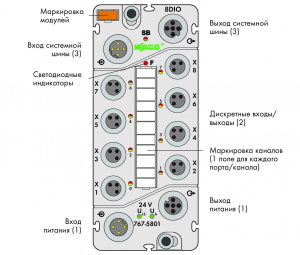 767-5801 Модуль дискретного ввода-вывода; 24 В постоянного тока / 0,5 А; 8 вводов-выводов (8 x M8); входные характеристики типа 2 согласно IEC 61131-2