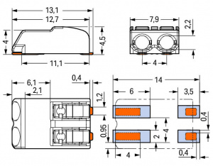 2060-452/998-404 Клемма для поверхностного монтажа на печатных платах; нажимная кнопка; 0,75 мм2; Шаг контактов 4 мм; 2-пол.; Push-in CAGE CLAMP; упаковка в ленте на бобине