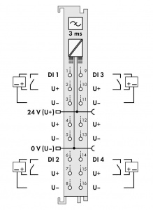 750-1420 Модуль, 4 дискретных входа; тока; 3 мс; 3-проводное соединение