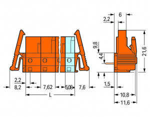 232-862/039-000 Розетка под пайку THT; 0.6 x 1.0 mm solder pin; угловые; Фиксирующий рычаг; Шаг контактов 7,62 мм; 2-пол.