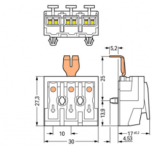 294-5213 Соединитель для светильников; нажимная кнопка, внешняя; с защелкивающимся заземляющим контактом; N-PE-L; 3-пол.; Стор. свет.: для одножильных проводников; Инст. стор.: для всех типов проводников; макс. 2,5 мм2; Темп. окруж. среды: макс. 85 °C (T8