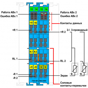750-481/003-000 2-канальный модуль аналогового ввода, для датчиков сопротивления, EEx i, Монтажный DIN-рельс 35 мм СНЯТО С ПРОИЗВОДСТВА