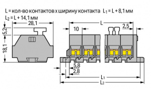 261-210/332-000 4-проводная клеммная колодка; 10-пол.; с одной стороны с нажимными кнопками; с крепежными фланцами; для винтового или аналогичных типов крепления; Крепежное отверстие 3,2 мм 2; 2,5 мм2; CAGE CLAMP