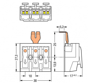 294-4253 Соединитель для светильников; нажимная кнопка, внешняя; с защелкивающимся заземляющим контактом; 3-пол.; Стор. свет.: для одножильных проводников; Инст. стор.: для всех типов проводников; макс. 2,5 мм2; Темп. окруж. среды: макс. 85 °C (T85)