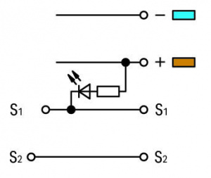 280-581/281-413 4-проводные клеммы с датчиком; красный светодиод; для датчиков NPN-переключения (отрицательного); с цветн. отверст. для ввода проводников; 2,5 мм2; CAGE CLAMP