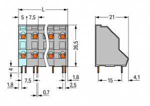 736-566 Двухуровневая клемма на печатную плату; 2,5 мм2; Шаг контактов 7,5 мм; 2 x 16-полюсов; CAGE CLAMP