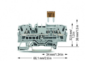 2002-1681 2-проводные клеммы с предохранителем; для автом. плоских мини-предохранителей; в соотв. с DIN 7258-3f, ISO 8820-3; с возможностью тестирования; без индикации перегорания предохранителя; 2,5 мм2; Push-in CAGE CLAMP