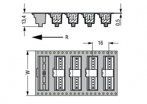 733-334/105-604/997-446 Вилка под пайку THR; 0.8 x 0.8 mm solder pin; прямые; 100% защита от неправильного подсоединения; упаковка в ленте на бобине; Шаг контактов 2,5 мм; 4-пол.