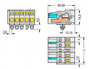 721-102/008-000 1-проводниковая розетка; 100% защита от неправильного подсоединения; Монтажные ножки; 2,5 мм2; Шаг контактов 5 мм; 2-пол.