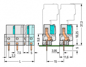 722-732 Розетка под пайку THT; 0.6 x 1.0 mm solder pin; прямые; 100% защита от неправильного подсоединения; Шаг контактов 7,5 мм; 2-пол.