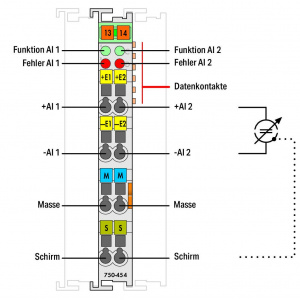 750-454/025-000 2 аналоговых ввода; с 2- на 4-проводное соединение; Дифференциальные вводы; Внешняя температура