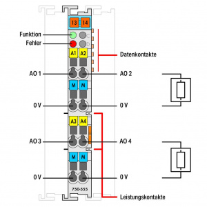 750-555 4-канальный аналоговый выход; с 2- на 4-проводное соединение