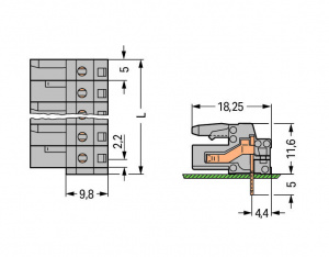 232-232 Розетка под пайку THT; 0.6 x 1.0 mm solder pin; угловые; Шаг контактов 5 мм; 2-пол.