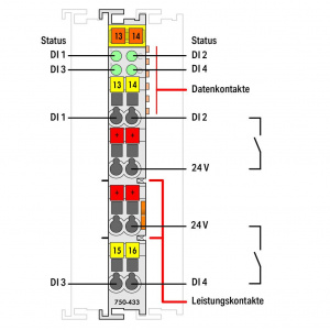 750-433 Модуль, 4 дискретных входа; тока; 0,2 мс; 2-проводное соединение
