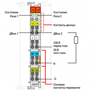 750-512 2-канальный дискретный выход; 250 В перем.тока; 2,0 А; 2 замыкающий контакт