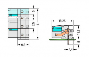 722-836 Розетка под пайку THT; 0.6 x 1.0 mm solder pin; угловые; 100% защита от неправильного подсоединения; Шаг контактов 7,5 мм; 6-пол.